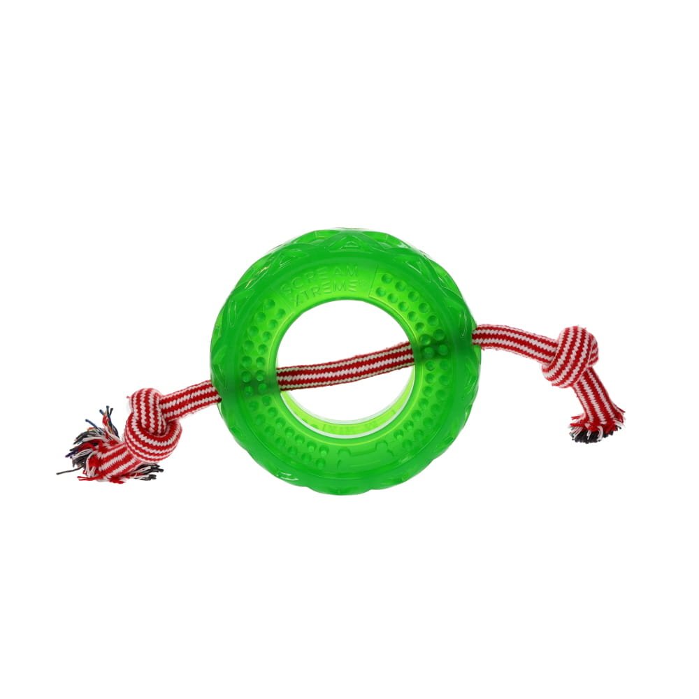 Scream – Xtreme Christmas Treat Tyre – Green with Rope - Pets and More