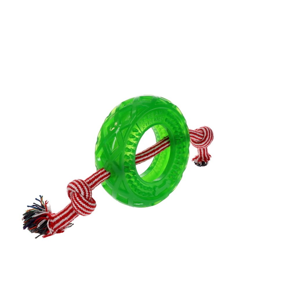 Scream – Xtreme Christmas Treat Tyre – Green with Rope - Pets and More