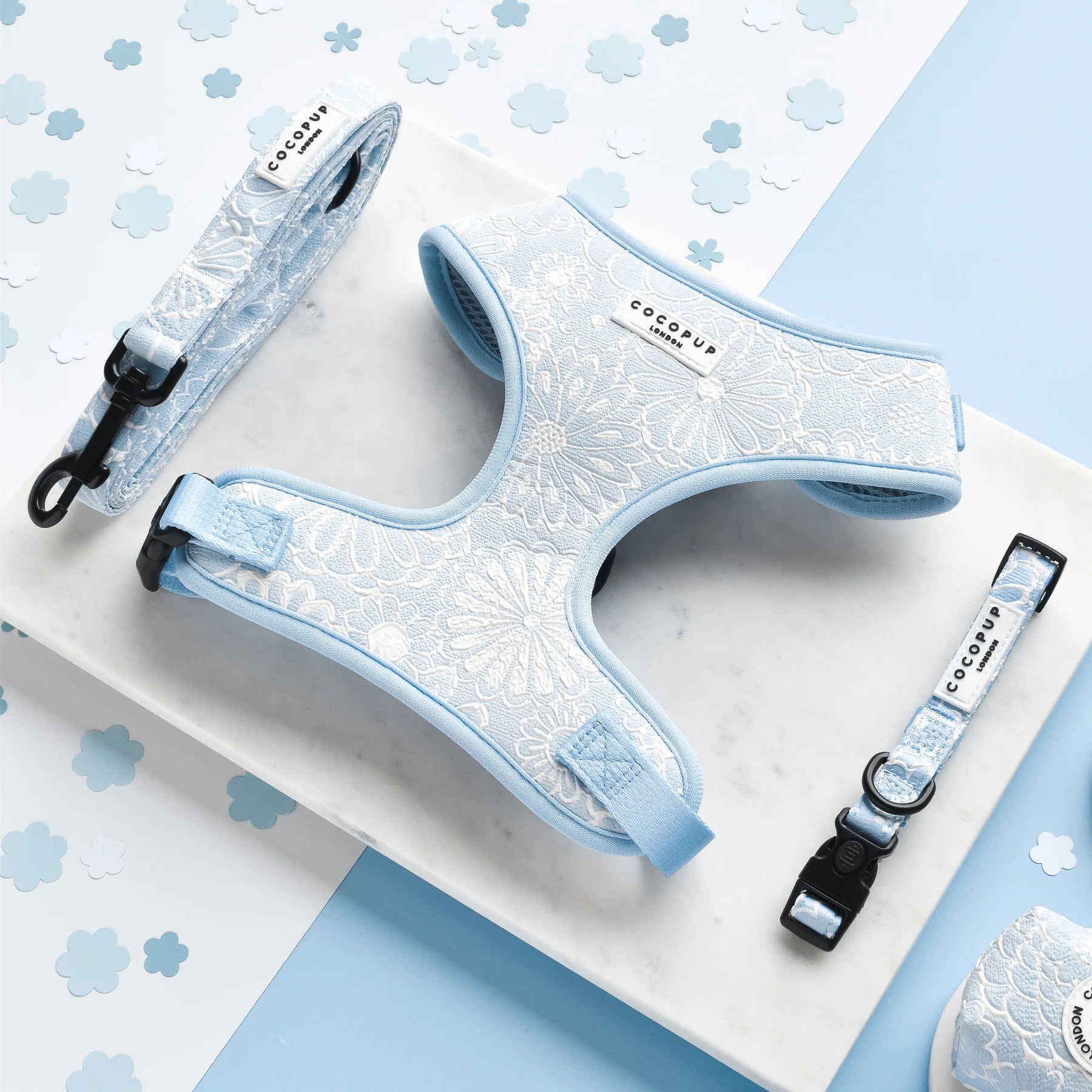 Cocopup London – LUXE Adjustable Neck Harness – Baby Blue Flower