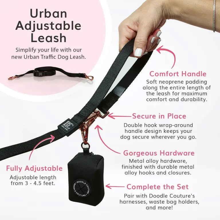 Products Doodle Couture, New York - Anything But Basic Black Urban Traffic Adjustable Leash - Pets and More